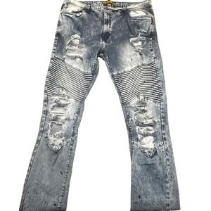 Road Narrows NYC Mens Moto Jeans 40 Distressed Acid Wash Paint Splatter Blue